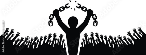 Silhouette of person breaking chains surrounded by cheering crowd, symbolizing freedom, unity, resistance, and triumph for social justice and inspirational design themes