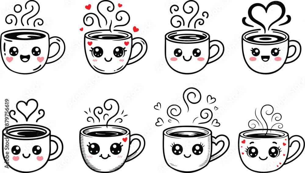 Obraz premium Set of detailed cartoon illustration of an adorable kawaii-style coffee mug with a cheerful smiley face and rosy cheeks silhouettes, cute heart shape design, Cute mug illustration against a white back