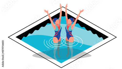 Artistic swimming duo executing a mirrored routine in water