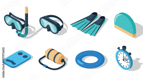Diving gear isometric set: snorkels, goggles, fins, and swim accessories
