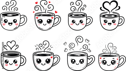 Set of detailed cartoon illustration of an adorable kawaii-style coffee mug with a cheerful smiley face and rosy cheeks silhouettes, cute heart shape design, Cute mug illustration against a white back