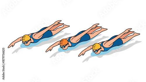 Three swimmers in line art style performing front crawl stroke in blue swimwear