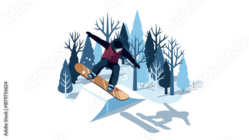 Snowboarder catching air in winter forest scene with stylized trees
