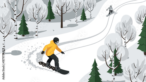 Snowboarders enjoying a winter ride on a scenic snowy forest trail