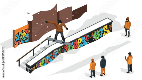 Urban winter skateboarding scene with graffiti in snowy park