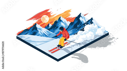 Dynamic alpine skiing adventure in a vibrant 3d isometric mountain landscape