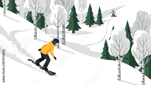 Snowboarder riding down a winter mountain slope surrounded by snowy trees