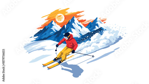 Colorful winter adventure with skier on snowy mountain landscape
