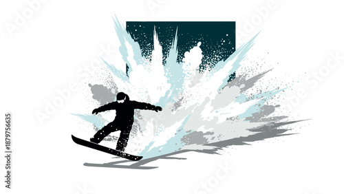 Dynamic snowboarding silhouette with vibrant snow splash