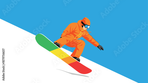 Snowboarder in colorful gear performing trick on slope