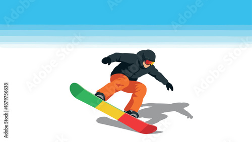 Snowboarder gliding on snow in vibrant winter sports gear with clear blue sky