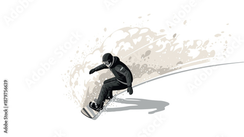 Dynamic snowboarding adventure with snow spray in minimalist style