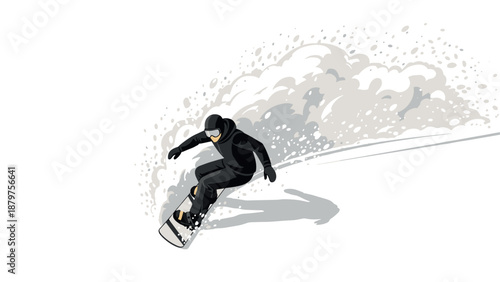Dynamic snowboarder carving through powder enveloped in snowy swirl