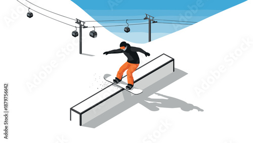 Snowboarder performing trick on rail in mountain resort with ski lift