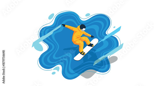 Snowboarder performing trick on vibrant blue abstract background