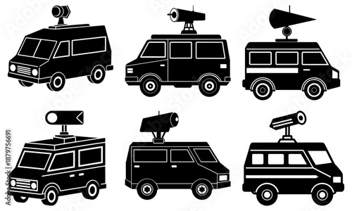 Six Black and White News Vans with Satellite Dishes on White Background transportation
