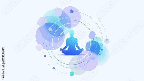 A serene silhouette of a person meditating in the lotus position surrounded by abstract blue and lavender shapes