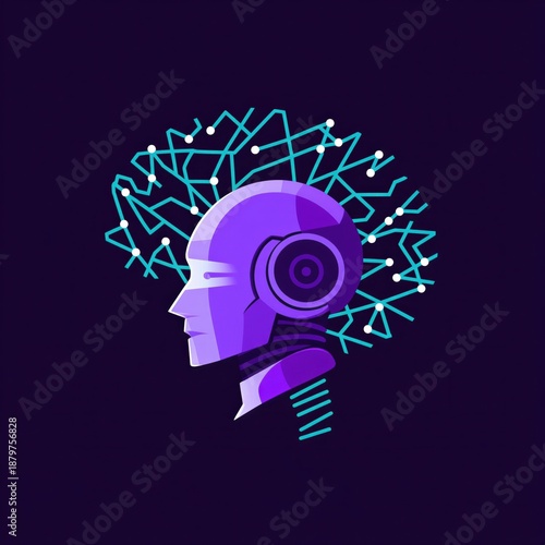 Digital illustration of a purple robot head with abstract neural connections in the background. Artificial intelligence and technology concept.