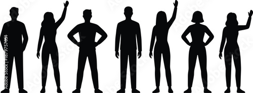 Silhouettes of seven individuals in varied poses, symbolizing diversity, unity, and group dynamics for social, conceptual, and illustrative design themes on white background