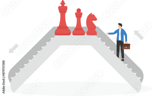 Business Team Meeting on Escalator Bridge with Chess