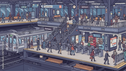 A bustling subway station scene depicts a busy platform with passengers waiting and commuting showcasing urban life
