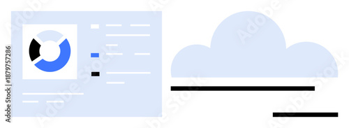 Cloud storage, data analytics, file sharing, technology services, digital transformation, and online platforms. A dashboard with a pie chart and cloud icon. Cloud storage and data analytics