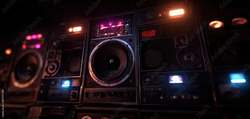 Fototapeta premium Close up of a vintage audio system with speakers and lights in the dark