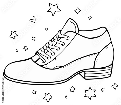 Artistic line drawing of a single classic lace-up shoe adorned with whimsical stars and hearts, perfect for creative projects.