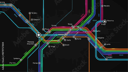 colorful subway map with multiple lines and stations on a black background with white text labels