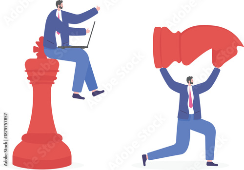 Businessman Working on Laptop Atop Chess King