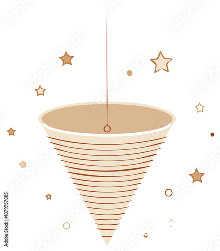 Whimsical hanging paper cone mobile with celestial stars illustration in neutral colors