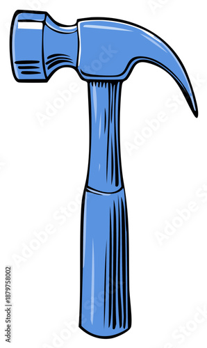 Illustrated blue hammer, construction tool, with curved claw, vertical design, construction equipment concept