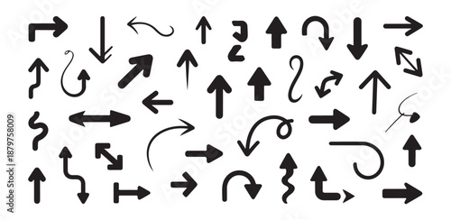 An expansive and intricate collection of black arrow vector icons showcasing varied styles and turns on a white background