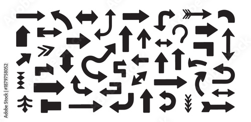 Assorted arrow icons and symbols including curves and straight lines on white background vector