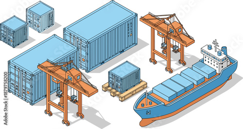 Shipping logistics isometric illustration, cargo containers, gantry cranes, freight transport, maritime trade graphic, global supply chain infrastructure