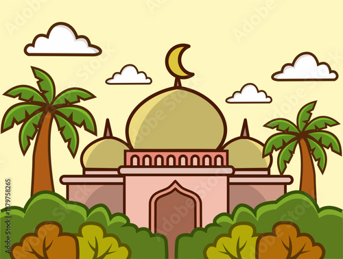 Colorful Cartoon Mosque Illustration with Palm Trees and Clouds Digital Vector Design 