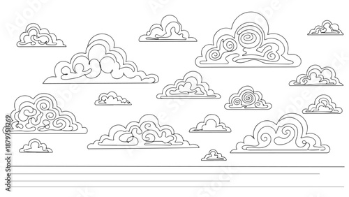 A continuous one line art drawing of stylized clouds, with a soft, flowing aesthetic and a delicate, ethereal feel