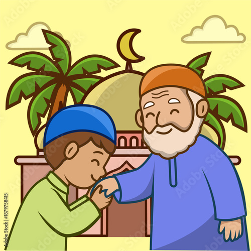 Respectful Young Muslim Boy Greeting Elder Hand Kissing Tradition during Religious Holiday Celebration
