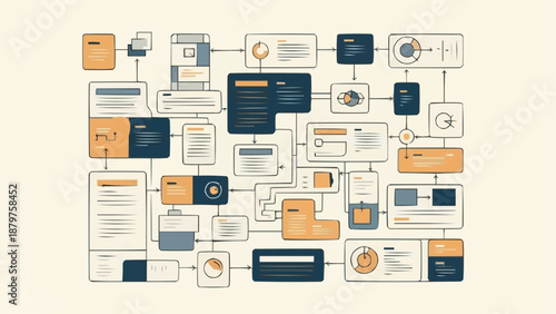 Complex flowchart diagram with various boxes and lines on a beige background high quality professional detailed modern