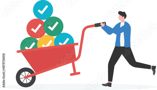 Businessman Pulling Wheelbarrow with Checklist