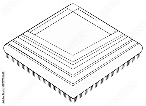Isometric black and white line art drawing of a square fringed rug or decorative mat