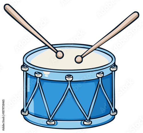 Cartoon Illustration of a Blue Drum Set with Drumsticks Preparing to Strike