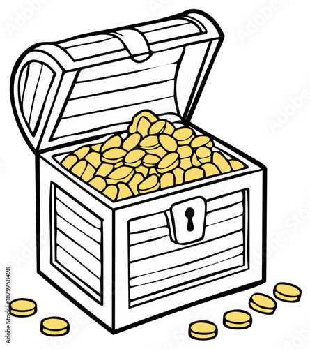 Open treasure chest overflowing with golden coins and scattered coins around it