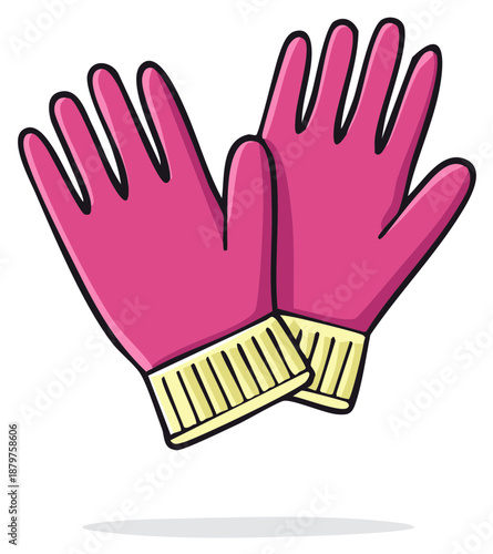Striking pair of pink rubber cleaning gloves with yellow cuffs designed in cartoon drawing style for hygienic purposes or cleaning aid