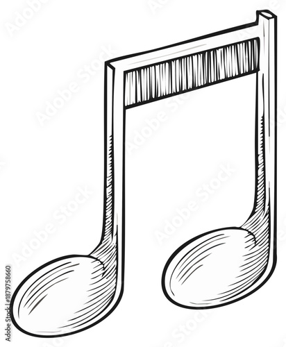Illustration of a music note, double eighth note, black and white sketch