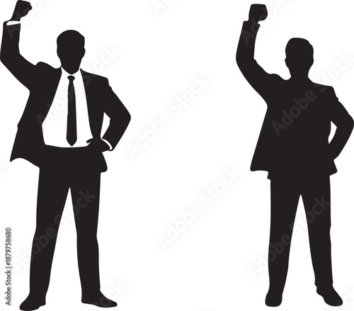 Two businessmen silhouettes with raised fists in triumphant gesture on transparent background, representing success and victory.