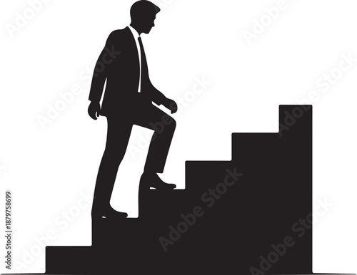 Silhouette businessman climbing stairs on transparent background, symbolizing career growth and upward progress.