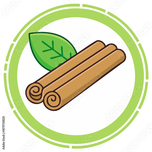 Cinnamon sticks and leaf emblem for spice and natural flavoring