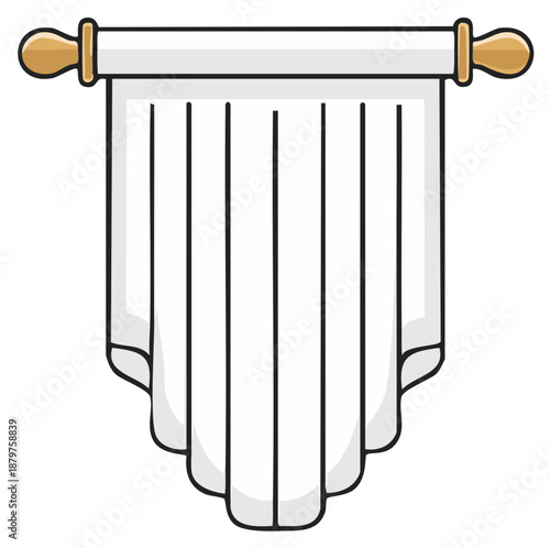 Cartoon illustration of white curtain with decorative wooden finials