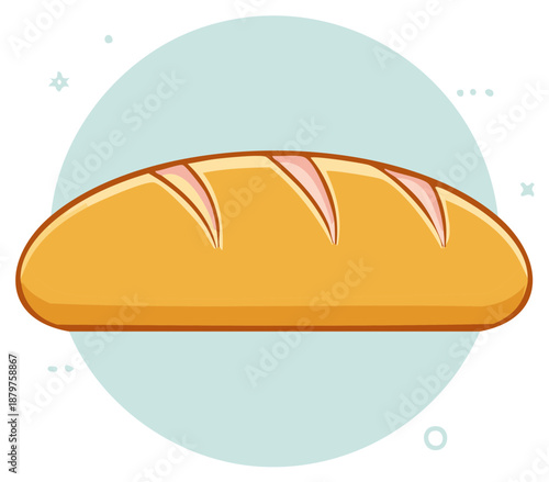 Crusty golden brown bread loaf with classic scoring, stylized flat design vector illustration